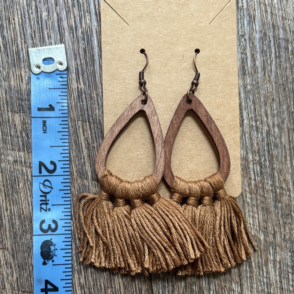 Boho Brown Tassel Wooden Earrings - Picture 3 of 5